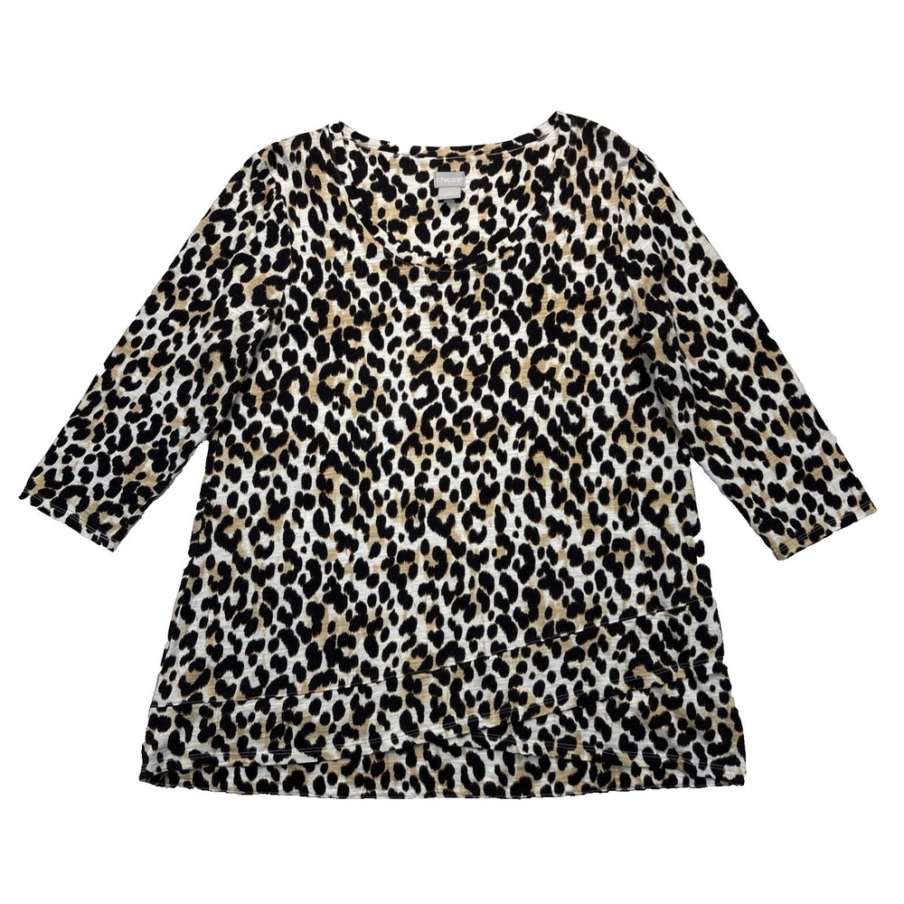 Chico's Leopard Print Top Size 2 (L) 3/4 Sleeve Layered Hem Women's Tunic